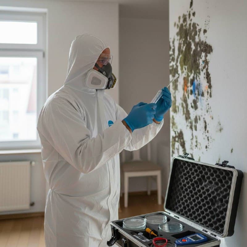 Schimmelpilzgutachter bei der Probenentnahme mit Schutzanzug und Laborkoffer