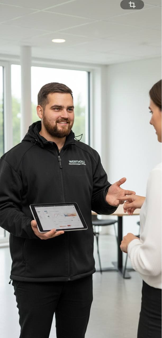 Markus Knaub bei der persönlichen Kundenberatung mit Tablet — Ihr Ansprechpartner für Schimmelpilzbegutachtung in Dortmund